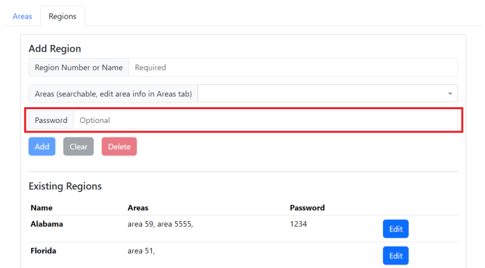 Image showing where to edit the region password on the regions page